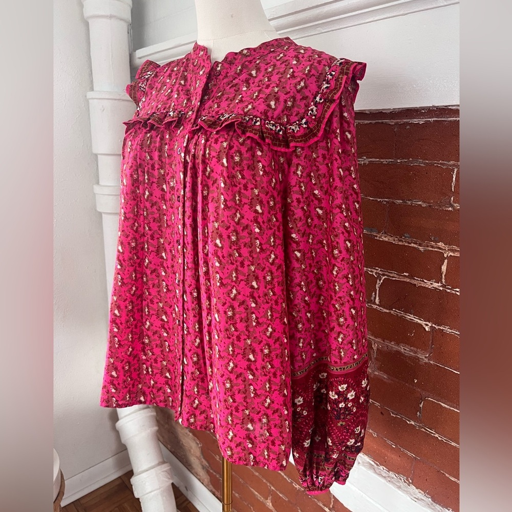 Joie Floral Peasant Blouse Fuchsia Ruffled Button Down Prairie Shirt Deep Pink - Picture 2 of 15